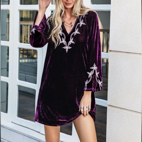 Last 3 Boho luxe purple embroidered velvet tunic dress
